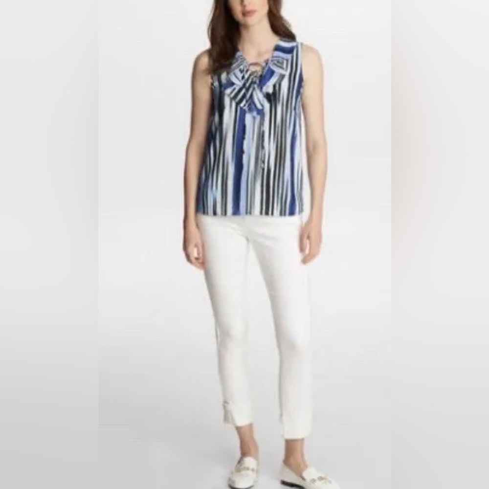 Karl Lagerfeld Sleeveless lace-up ruffle neckline woven blouse Cornflower Blue.